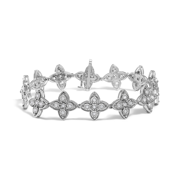 .925 Sterling Silver 1.0 cttw Miracle-Set Diamond 4 Leaf Clover Link Bracelet